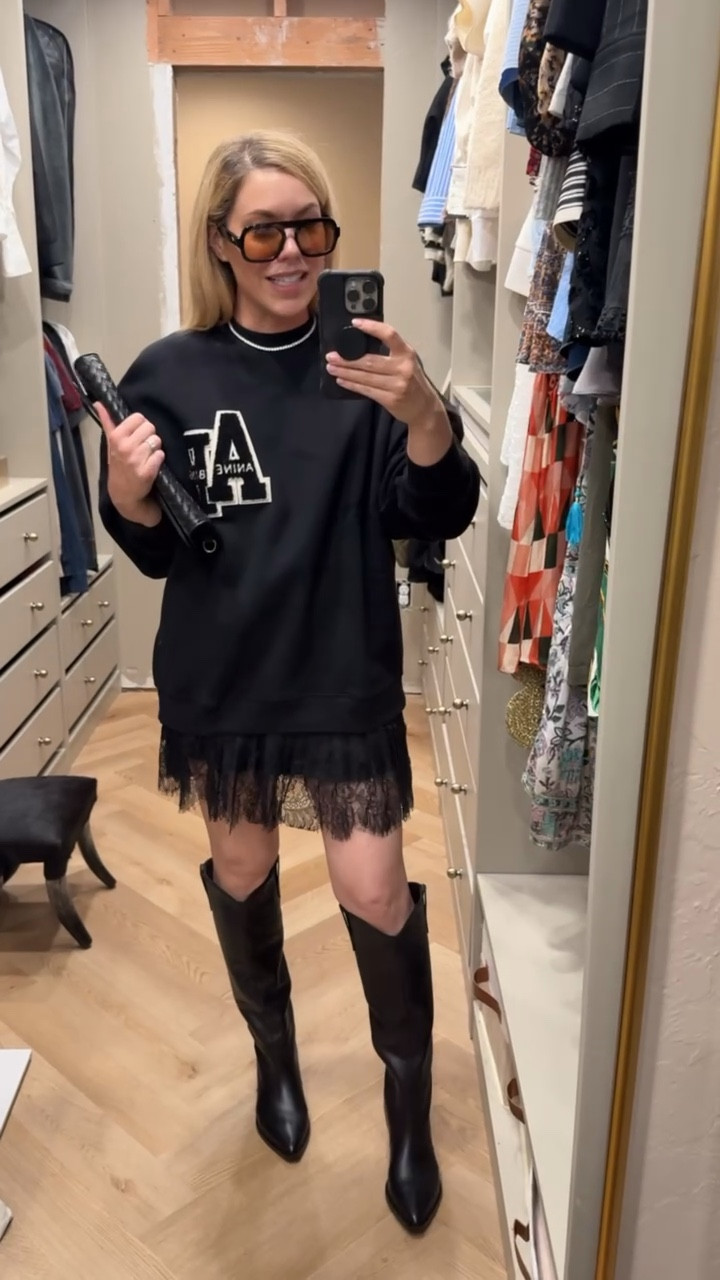 Anine Bing sweatshirt 
Lace skirt
Western boots 

#LTKSeasonal #LTKFindsUnder50