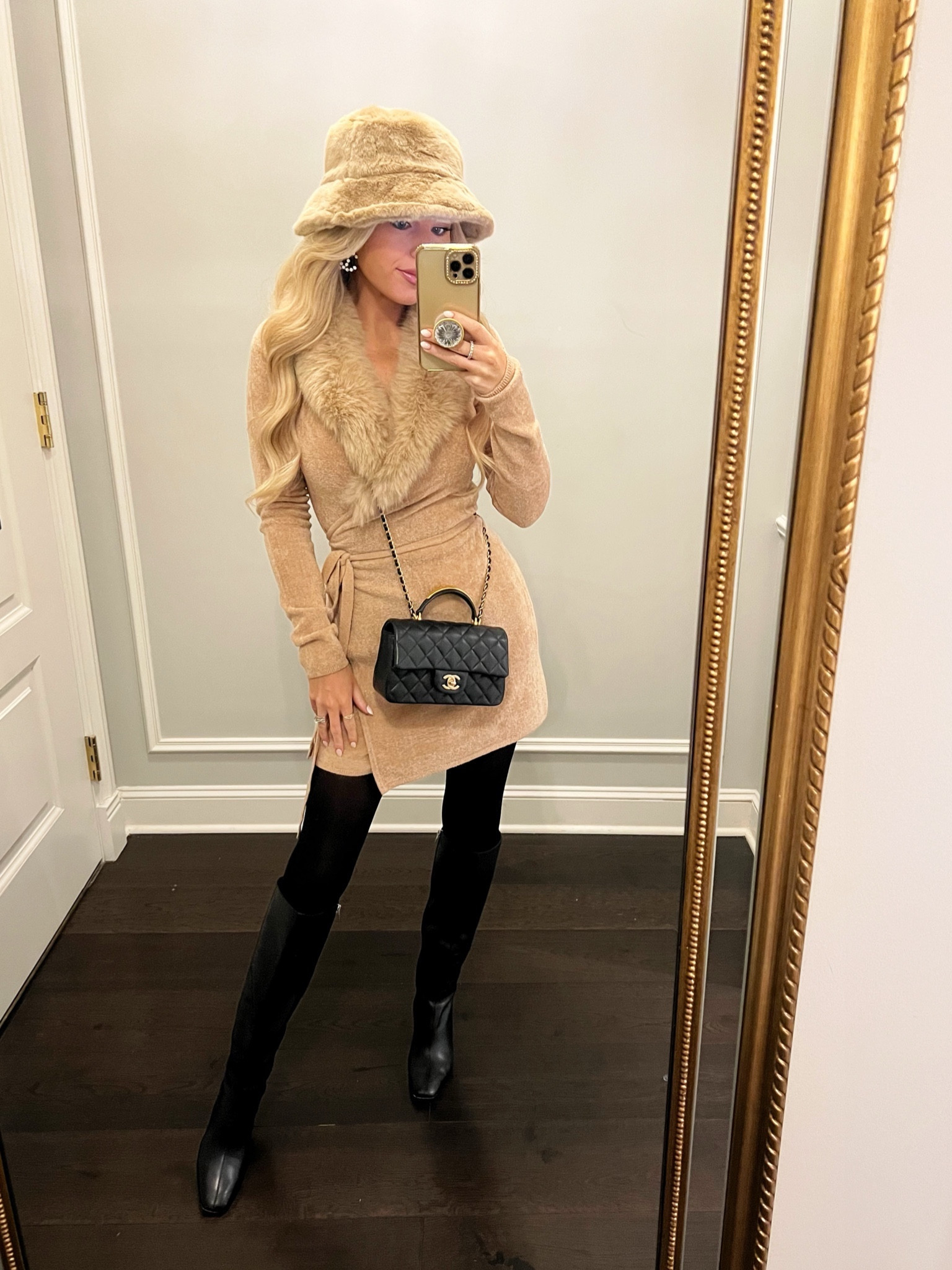 Winter outfit. Faux fur. Wrap dress. Revolve. Neutral winter outfit. Black boots. Holiday party outfit 

#LTKparties #LTKCyberWeek #LTKstyletip