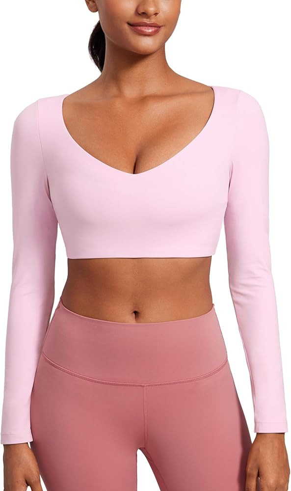 CRZ YOGA Butterluxe Double Lined Long Sleeve Yoga Shirts for Women V Neck Cropped Casual T-Shirt ... | Amazon (US)