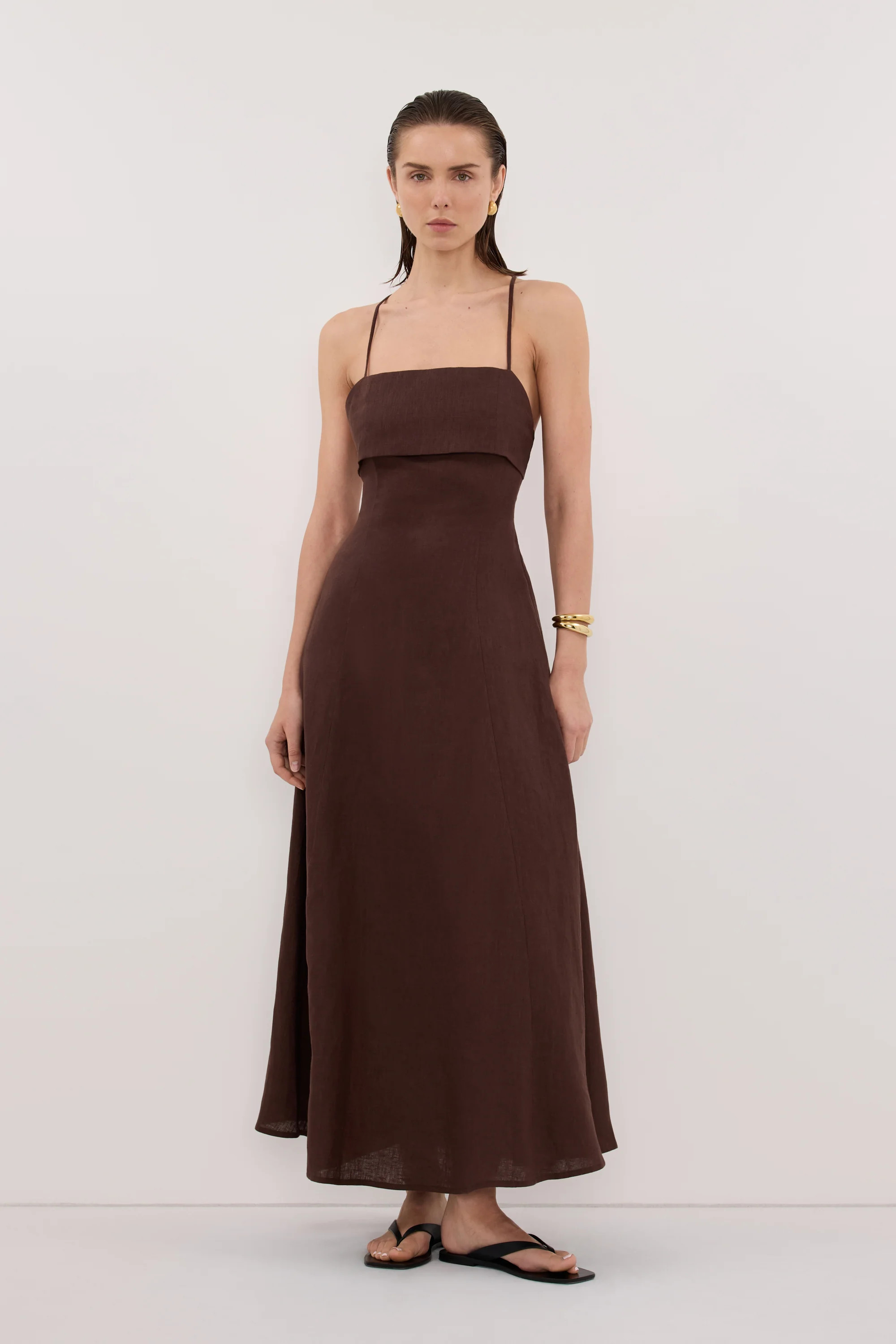 DANIELLA COCOA LINEN TIE BACK MIDI DRESS | DISSH
