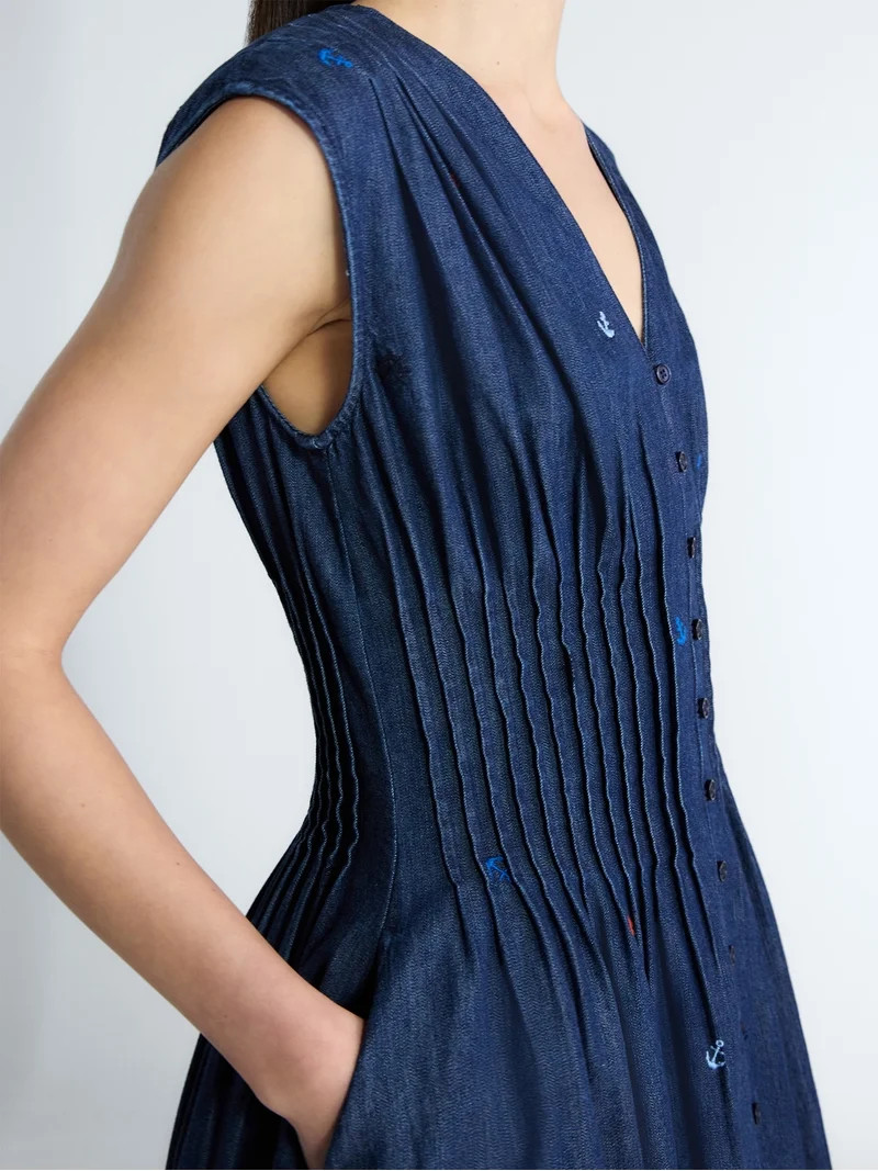 Free Assembly Women's Sleeveless Embroidered Denim V-Neck Midi Dress, Sizes XS-4X - Walmart.com | Walmart (US)