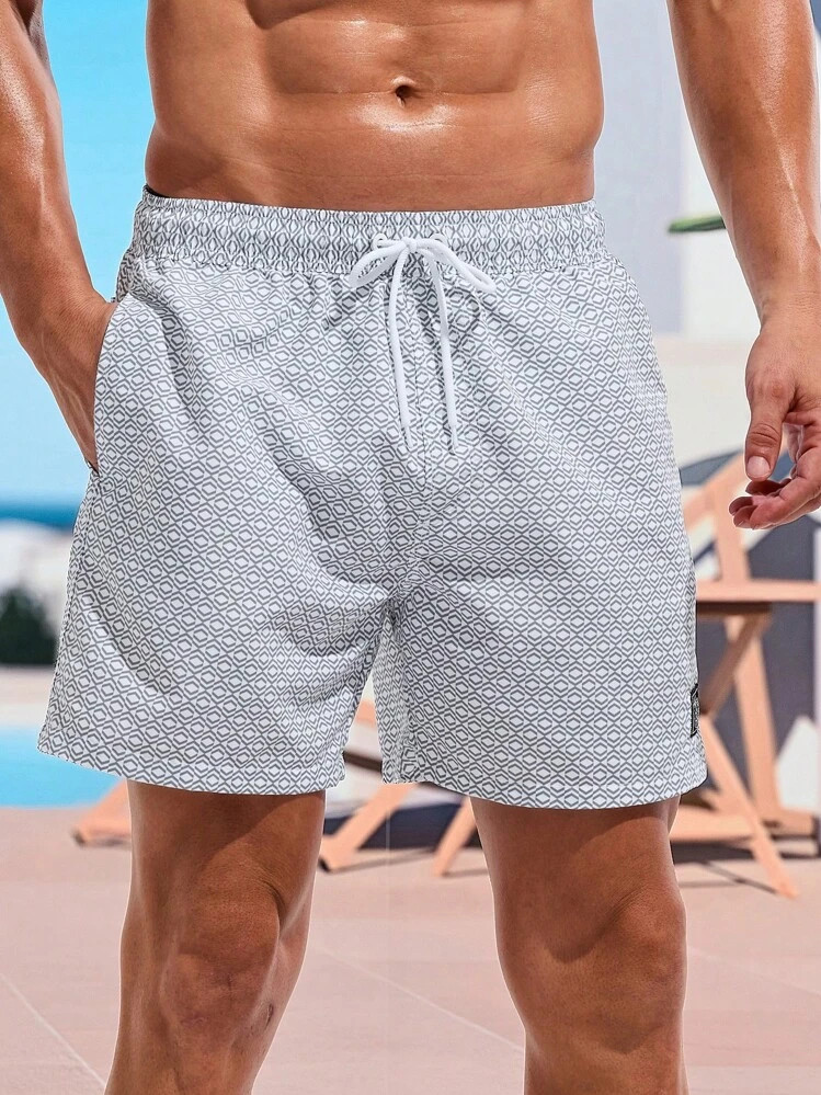 Manfinity Swimmode Men's Beach Shorts Drawstring Waist Front Tie Pocket Geometric Printed Resort ... | SHEIN