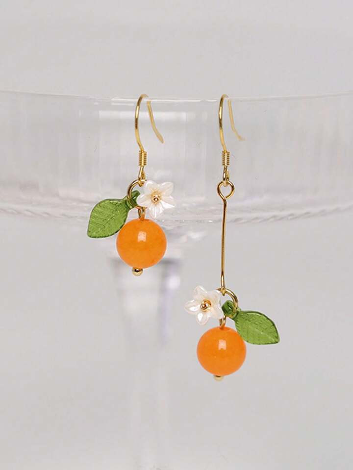 2 PCS Summer Cute Handmade Jade Orange Fruit Flower Asymmetrical Clip Drop Earrings For Women Daily Wear | SHEIN