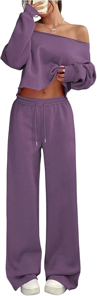 SOLY HUX Women's 2 Piece Outfits Fall Sweatsuits Off The Shoulder Crop Top Wide Leg Sweatpants Ca... | Amazon (US)