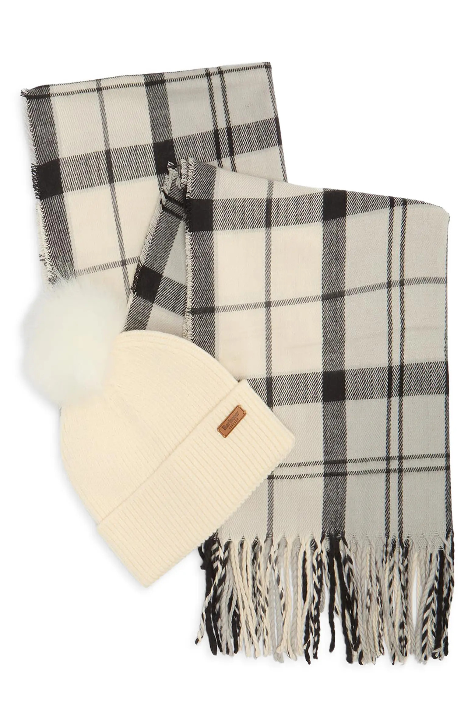 Dover Tartan Scarf & Faux Fur Pompom Beanie Set | Nordstrom