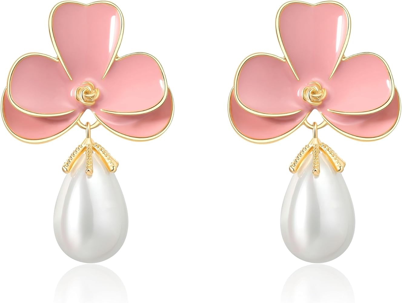 Flower Teardrop Pearl 14K Gold Plated Dangle Earrings for Women | Floral Enamel drop Ball Earring... | Amazon (US)