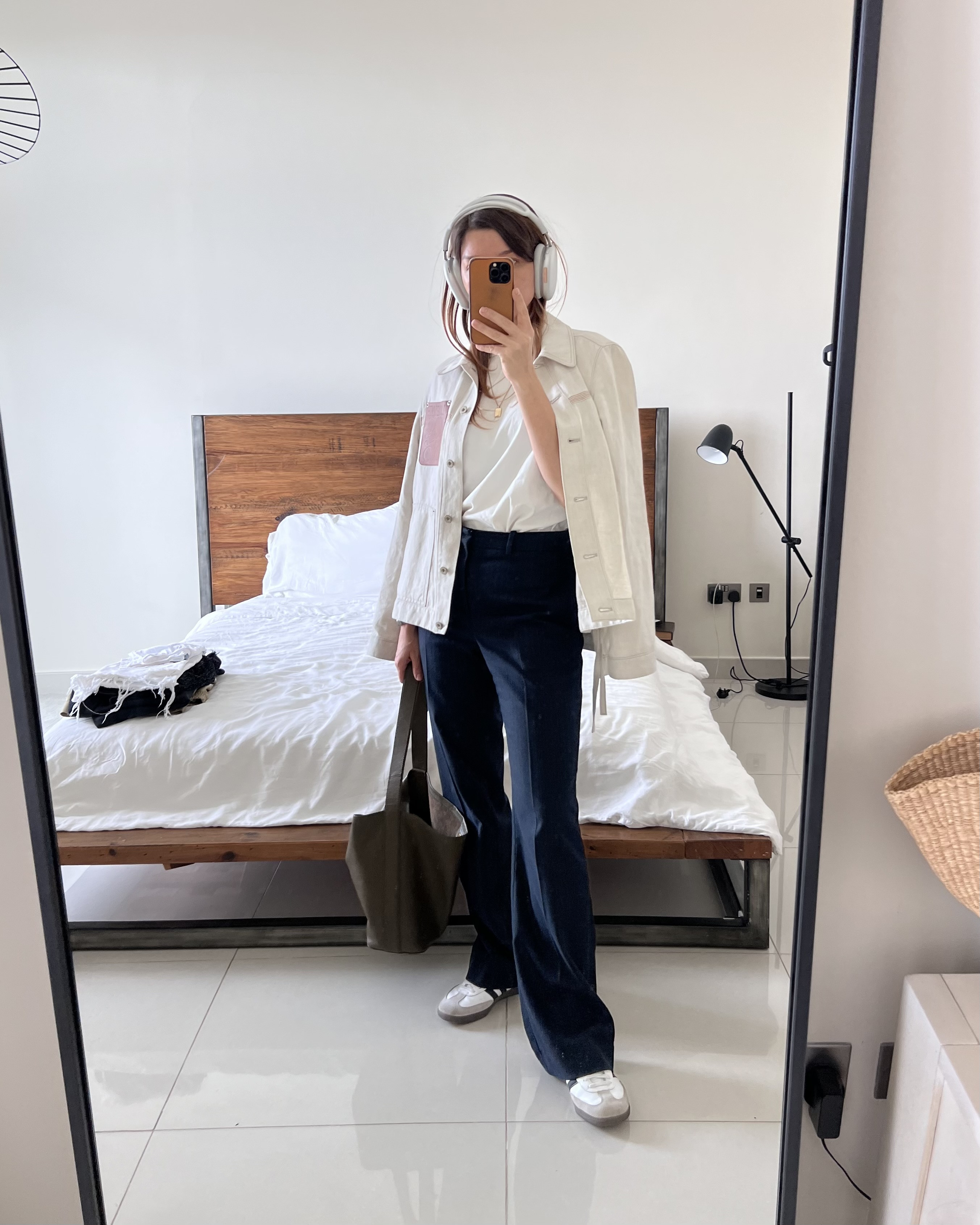Autumnal for Dubai, smart casual outfits, cross seasonal style, Pinterest style, Loewe jacket, pinstripe trousers, adidas samba 
