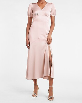 Satin Puff Sleeve V-Neck Maxi Dress | Express