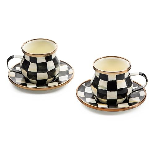 MACKENZIE-CHILDS Espresso Cup and Saucer Set, Cute Small Coffee Cups and Saucers, Set of 2, Black-and-White Courtly Check | Amazon (US)
