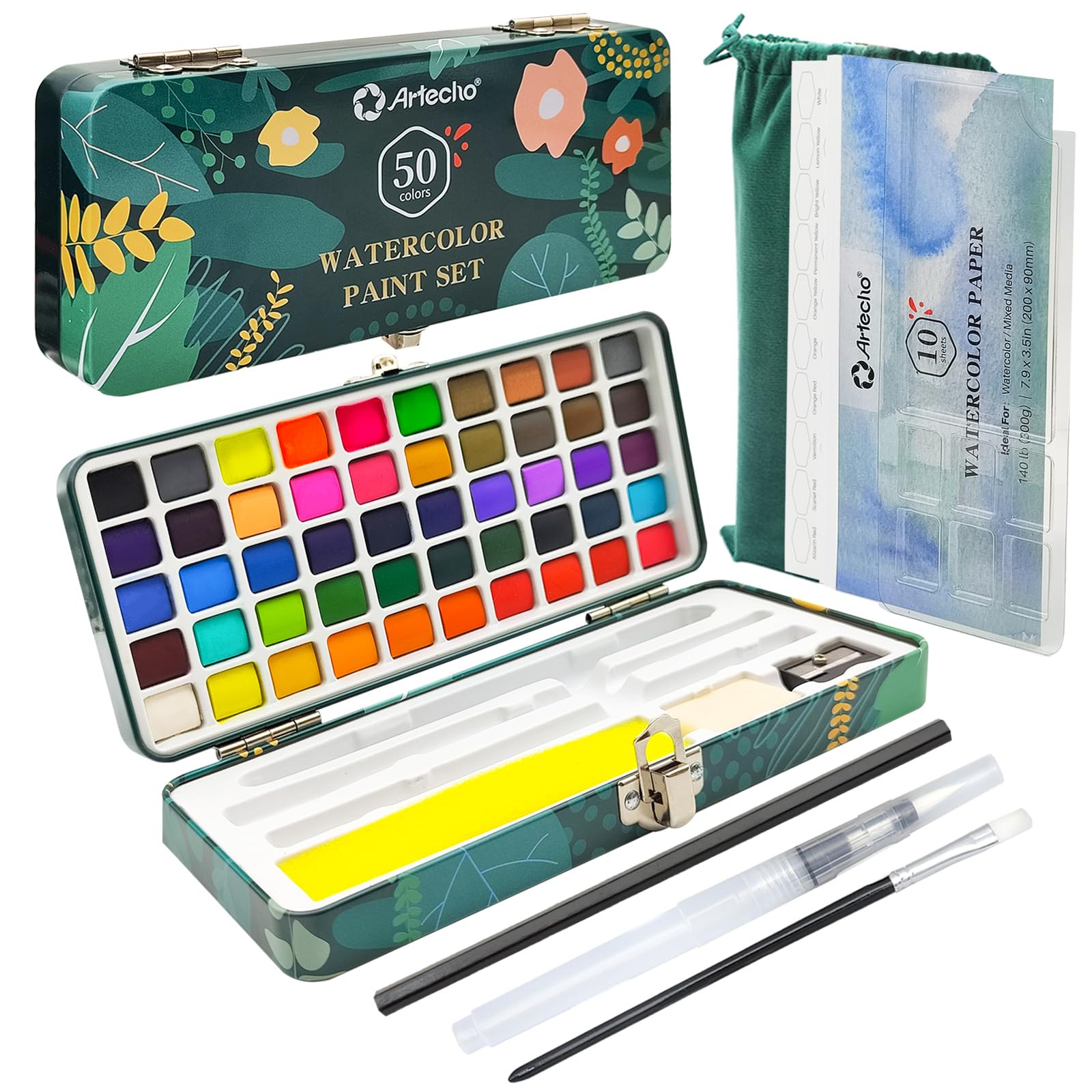 Artecho Watercolor Paint Set 50 Colors, Travel Watercolor Set with Watercolor Papers and Brushes,... | Amazon (US)