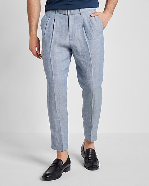 Slim Blue Herringbone Belted Linen Cropped Suit Pant | Express