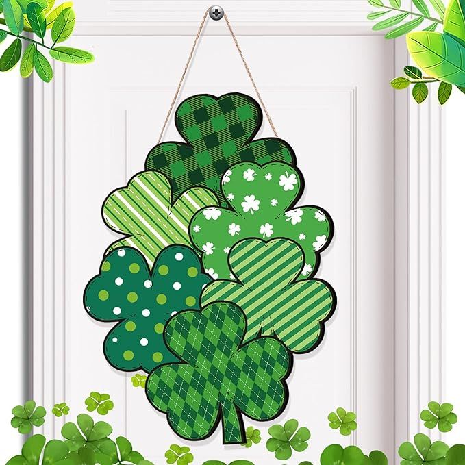 St Patrick's Day Front Door Sign Wooden Shamrocks Plaque Wreath Ornament Irish Hanging Welcome Bo... | Amazon (US)