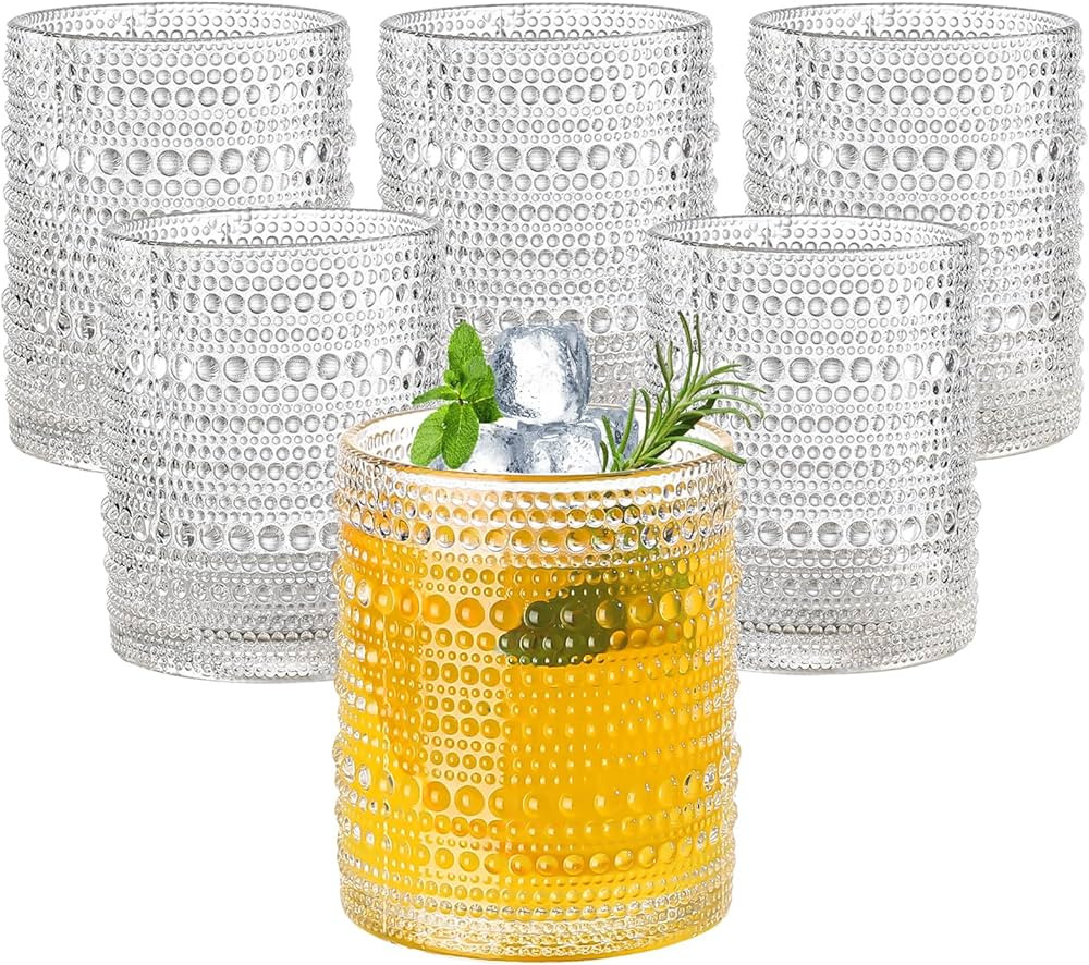12oz Hobnail Drinking Glasses Set of 6,Clear Vintage Glassware Embossed Water Tumbler,Cocktail Gl... | Amazon (US)