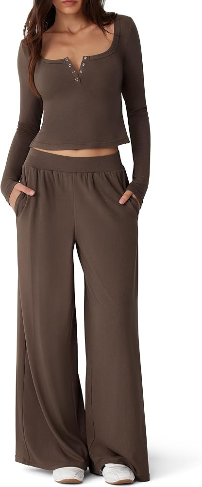 MOOSLOVER Women 2 Piece Lounge Sets Long Sleeve Wide Leg Pants Matching Set | Amazon (US)