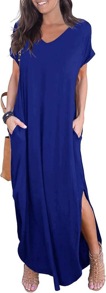 Women's Casual Loose Pocket Long Dress Short Sleeve Split Maxi Dresses | Amazon (US)