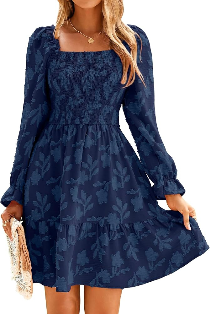 BerryGo Women's Square Neck Fall Long Sleeve Mini Dress Smocked Swing Ruffle Wedding Guest Dress | Amazon (US)