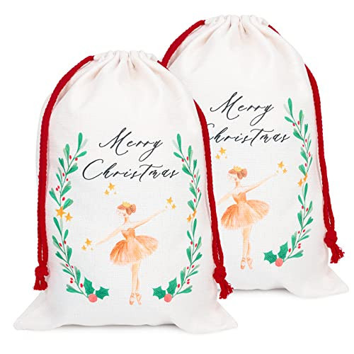 WRAPAHOLIC 2Pcs Small Christmas Burlap Gift Bags with Drawstring - 11.8" x 16.9" Sugar Plum Fairy Girl Design Santa Sack Christmas Sack for Christmas Eve Gift Wrap | Amazon (US)