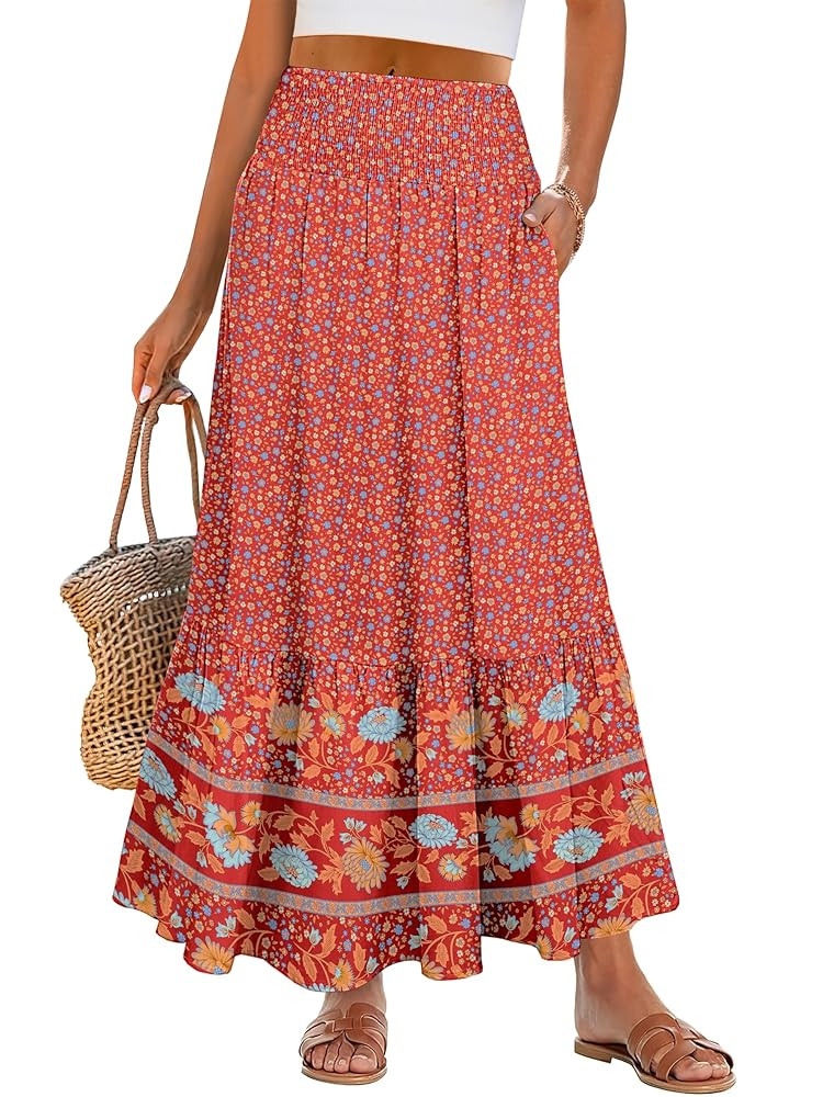 ANRABESS Maxi Skirts for Women 2025 Summer Boho Long Flowy Floral Elastic High Waist Skirt Casual... | Amazon (US)