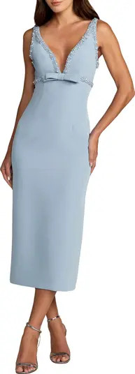 Plunging Beaded Bow Trim V Neck Fitted Midi Dress | Nordstrom