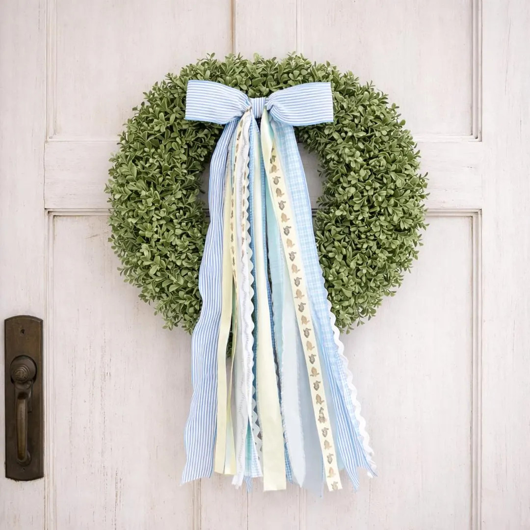 Blue Seersucker Easter Wreath with Neutral Bunny Clip on Ribbon Set Bundle Grandmillennial Spring... | Etsy (US)