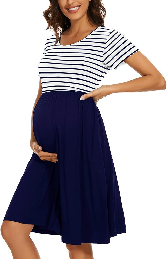 WOOXIO Women's Short Sleeve Maternity Dress Patchwork Pregnancy Clothes with Pockets | Amazon (US)