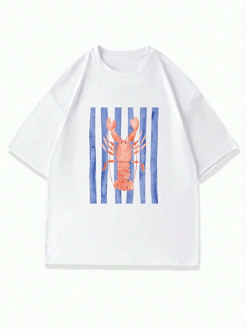 Lobster & Blue Stripes Graphic Tee Coastal Summer Vibe | Walmart (US)