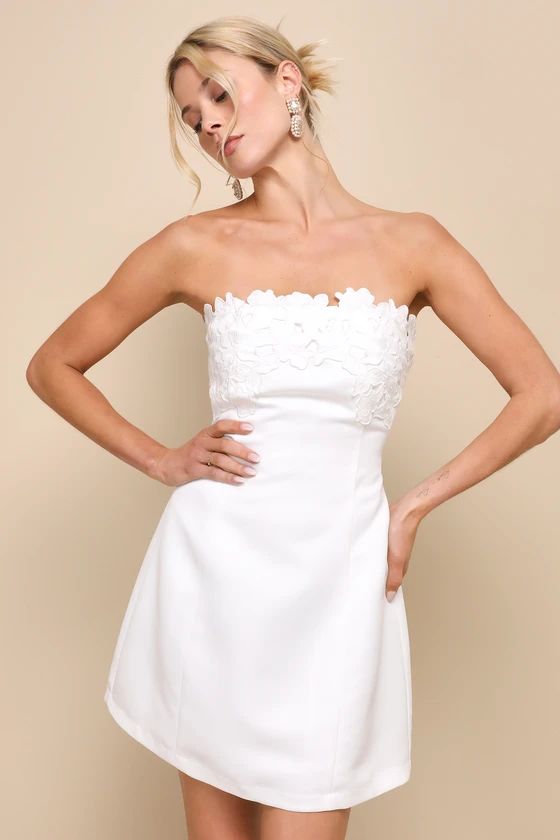 Unforgettable Icon White Satin Strapless Floral Mini Dress | Lulus