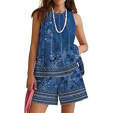 Rapbin Women Two Piece Short Set Drawstring Elastic Waist Pants Round Neck Tank Tops Comfy Sweats... | Amazon (US)
