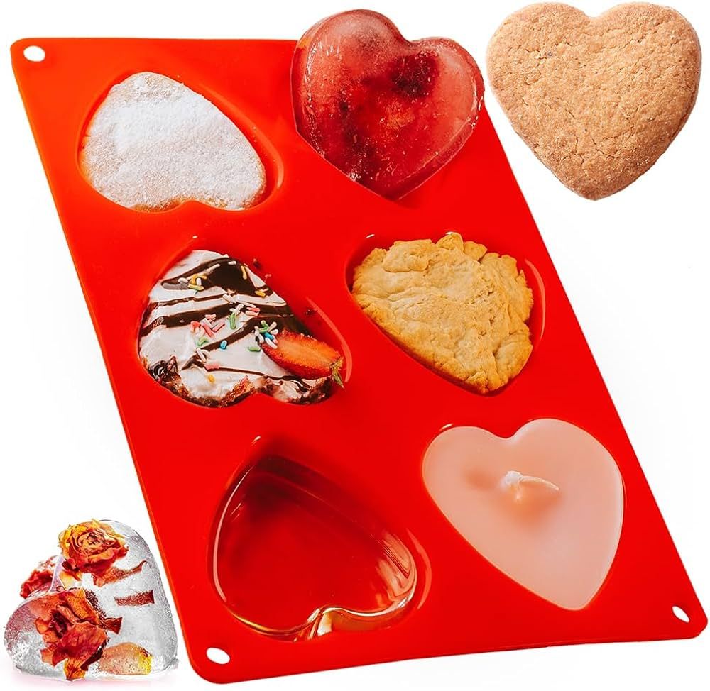 [1pack] 6-Large 3" Heart Silicone Molds | Valentines Day Silicone Molds | Red Silicone Muffin Cup... | Amazon (US)