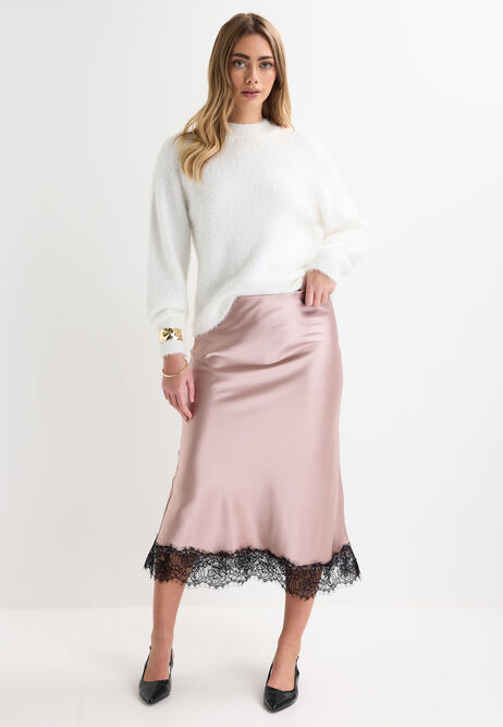 Womens Pink Lace Trim Satin Midi Skirt | Peacocks