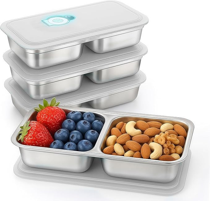 4Pcs 304 Stainless Steel Snack Containers, 2 Compartments Portable Food Storage Bento Boxes with ... | Amazon (US)