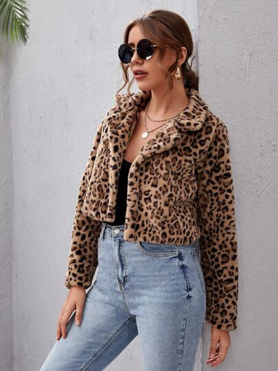 Notched Collar Leopard Faux Fur Coat | SHEIN