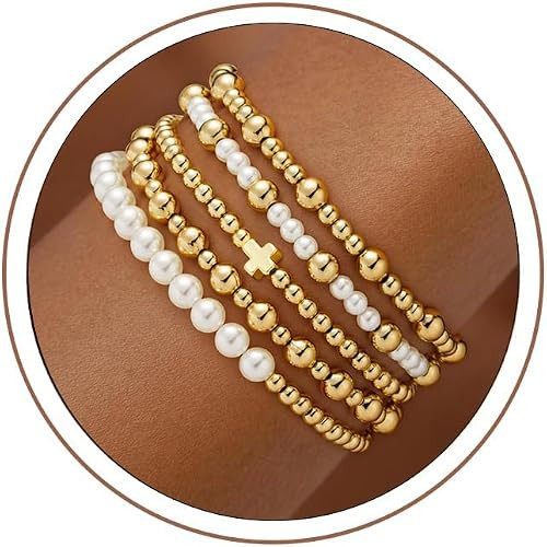 5PCS Gold Beaded Bracelets for Women Teen Girls, 14K Gold Plated | Stacked Beads Bracelet Set, Tu... | Amazon (US)