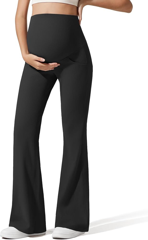 G4Free Ribbed Maternity Flare Yoga Pants with Pockets Over The Belly Pregnancy Bell Bottom Leggin... | Amazon (US)