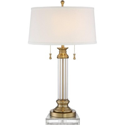 Vienna Full Spectrum Rolland Traditional Table Lamp with Square Riser 31 1/2" Tall Antique Brass Crystal 2 Light Off White Drum Shade for Living Room | Target
