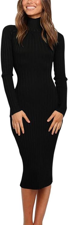 MEROKEETY Women's Ribbed Long Sleeve Sweater Dress High Neck Slim Fit Knitted Midi Dress | Amazon (US)
