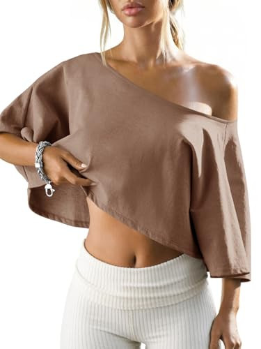 Fisoew Womens Off The Shoulder Cropped Tops Batwing Short Sleeve Workout Shirts Asymmetrical Neck Summer Casual Cotton T Shirts Khaki | Amazon (US)