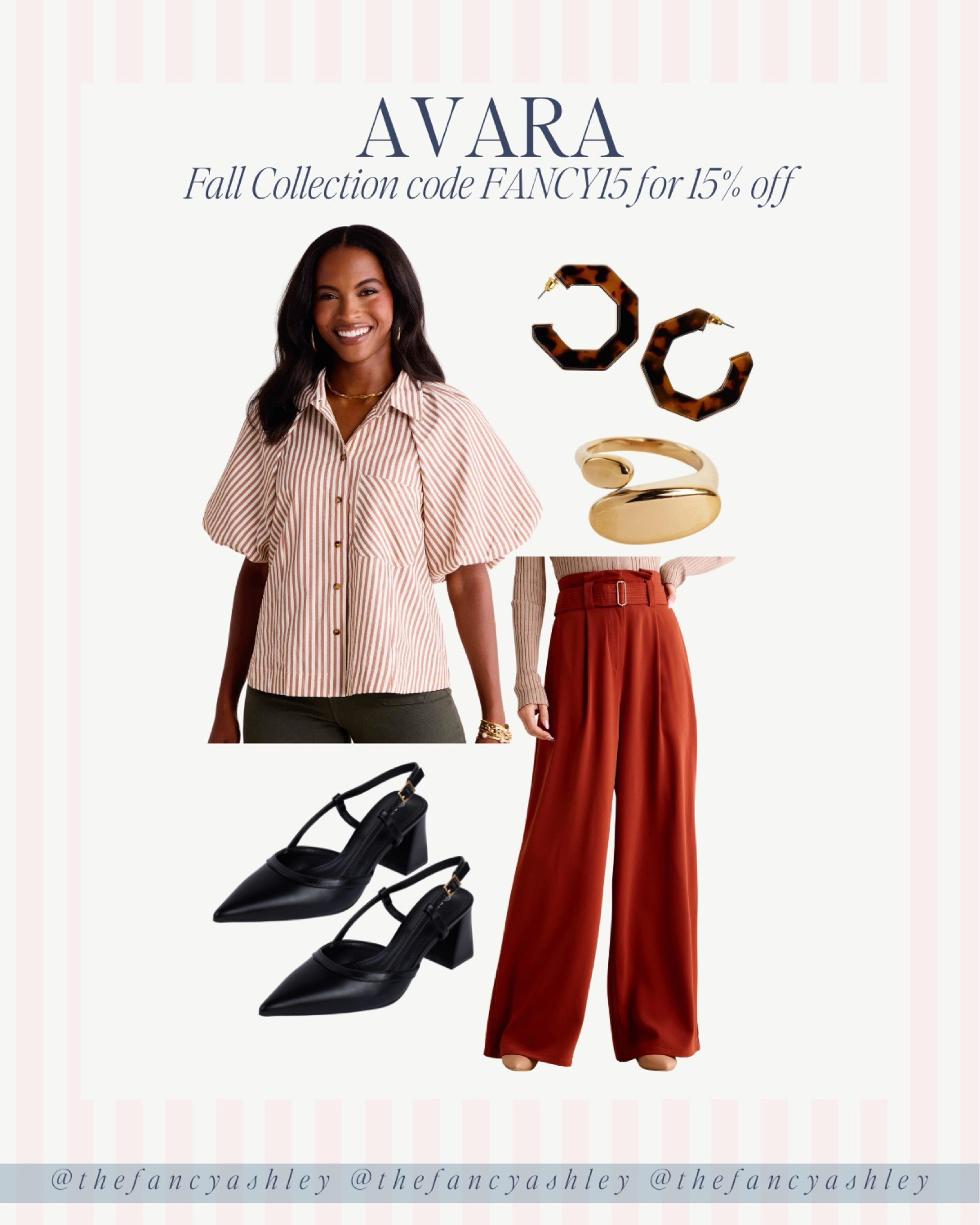 Avara fall collection outfit idea- loving this striped shirt with statement pants! Pair with black block heels and jewelry. Use code FANCY15 for 15% off! 

#LTKSeasonal #LTKStyleTip #LTKFindsUnder100