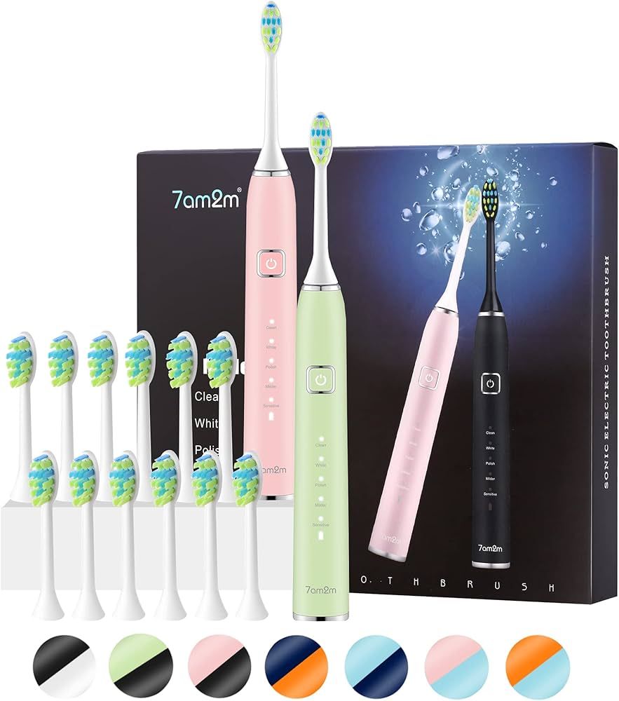 7AM2M Electric Toothbrush 2 Pack Set for Kids and Adults, 12 Brush Heads,5 Adjustable Modes, Buil... | Amazon (US)