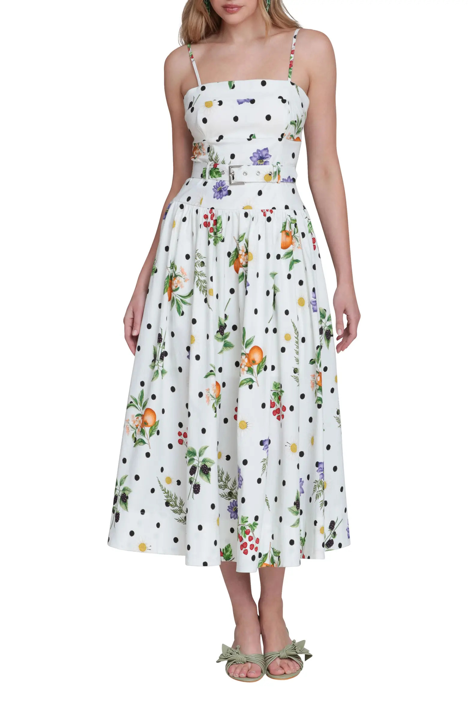 Fruit Florals & Polka Dot Belted Drop Waist Midi Dress (Women) | Nordstrom | Nordstrom