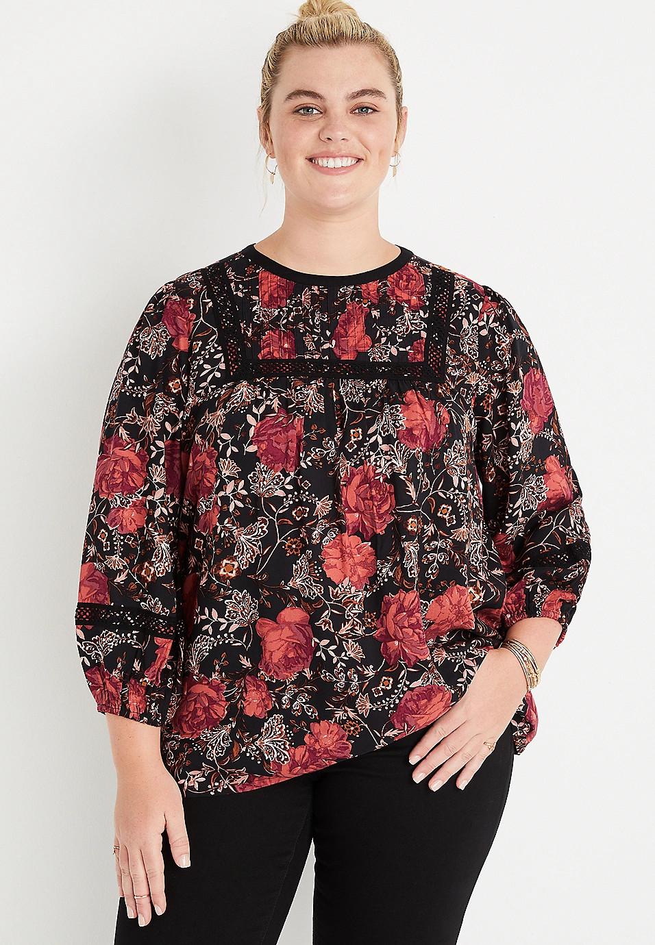 Plus Size Black Floral Lace Blouse | Maurices