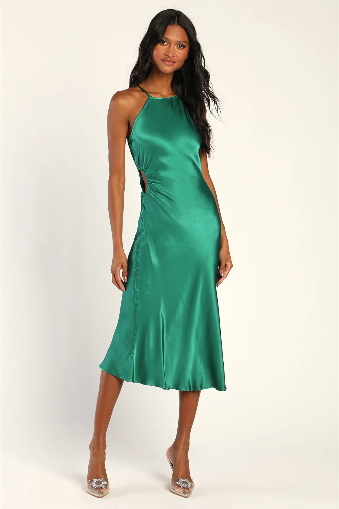 Sleek and Sultry Green Satin Cutout Midi Dress | Lulus (US)