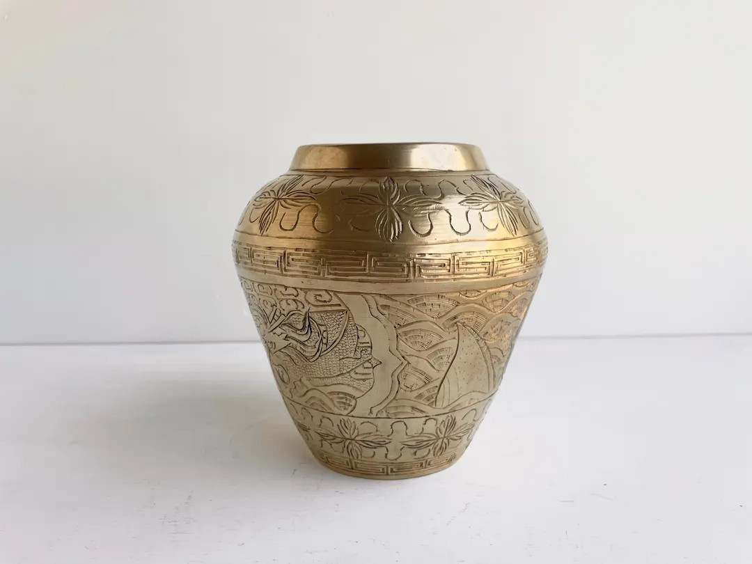 Vintage Chinese Etched Brass Vase | Oriental Design - Etsy | Etsy (US)