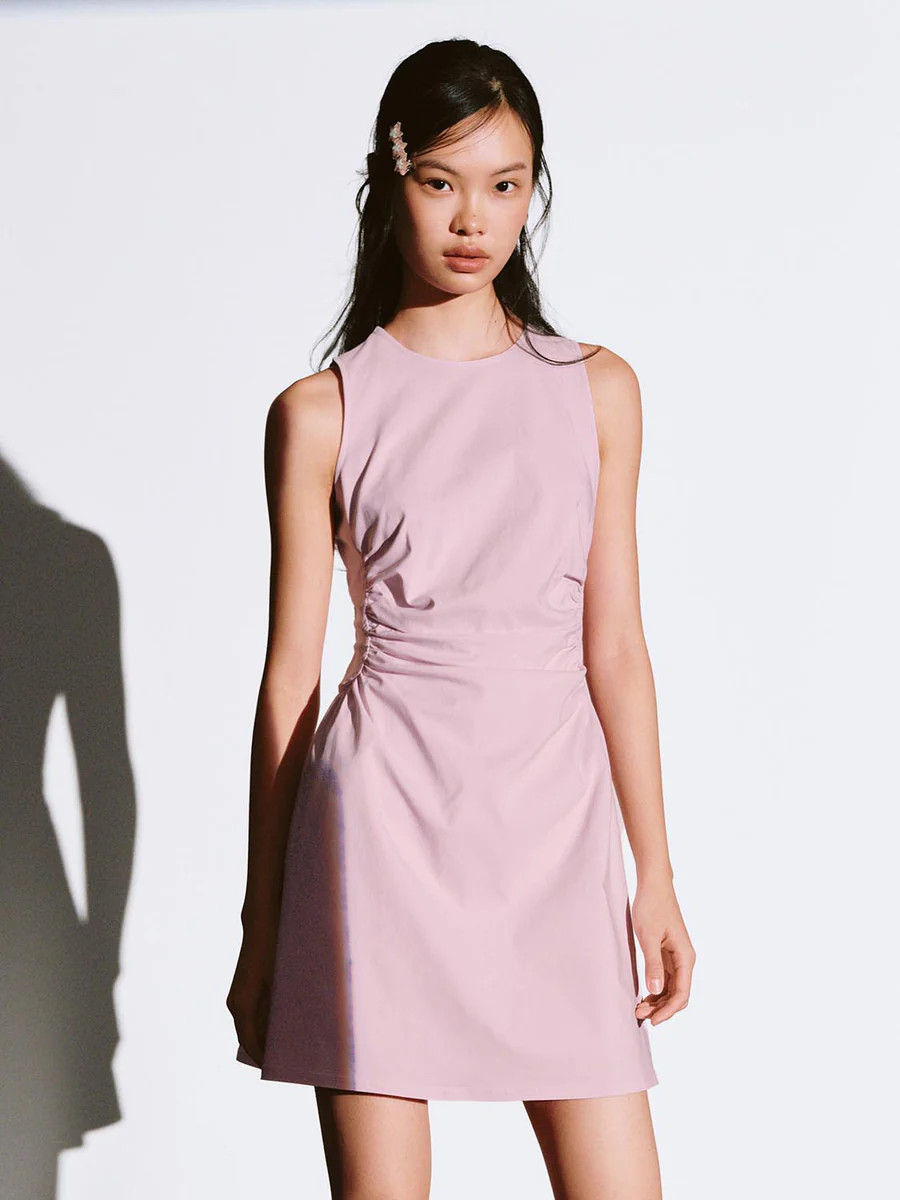 Crew Neck Ruched Sleeveless A-Line Midi Dresses | Urban Revivo