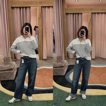 This is the Levi’s baggy dad jeans. Wearing my regular size and it’s not snug (intentionally). Was surprised by how well it fits. I was worries it’s too baggy for my petite frame but not at all
