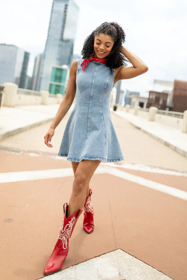 Dancin' In The Country Denim High Neck Mini Dress | Pink Lily