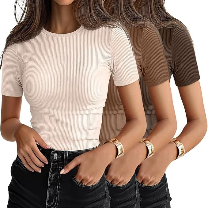 Ficerd 3 Pack Women's Ribbed T-Shirts, Cotton Short Sleeve Basic Tees Crewneck Fitted Tops Casual... | Amazon (US)