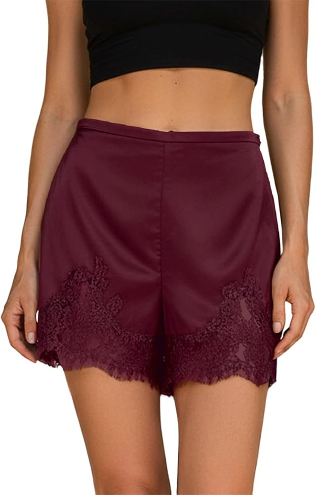 Women Silk Lace Trim Shorts Elastic Waist Y2k Cute Fairy Half Slip Coquette Pajamas Bottoms | Amazon (US)