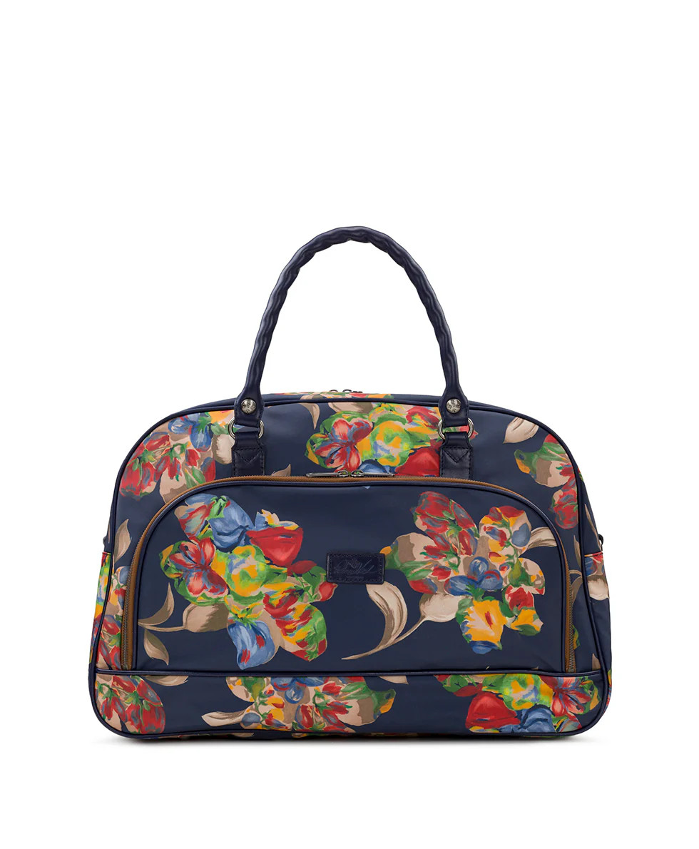 Gonnesa Oval Duffel Bag 
          Patina Coated Linen Canvas Le Fleur | Patricia Nash Designs