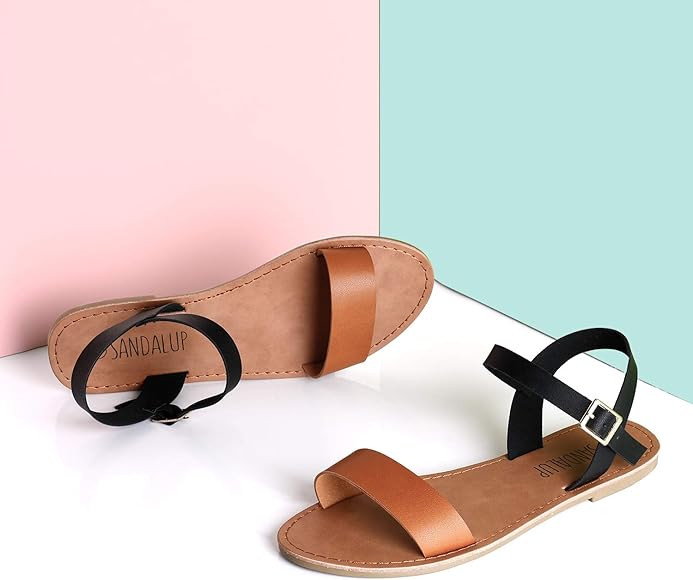 Women’s Soft Faux Leather Open Toe and Ankle Strap Buckle Flat Sandals | Amazon (US)